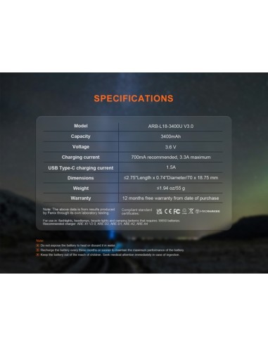 Fenix ARB-L18-3400U V3.0 - 3400 mAh Recargable USB C
