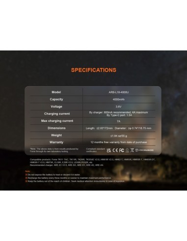 Fenix ARB-L18-4000U - 4000 mAh Recargable USB Tipo C
