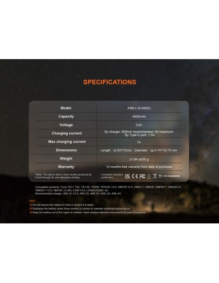 Fenix ARB-L18-4000U - 4000 mAh Recargable USB Tipo C