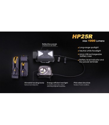 Frontal Fénix HP25R 1000 lúmenes (micro usb recargable-incluye batería 18650)