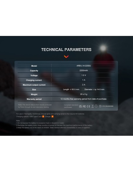 Batería Fenix ARB-L14-2200U - 2200 mAh Recargable con USB Tipo C